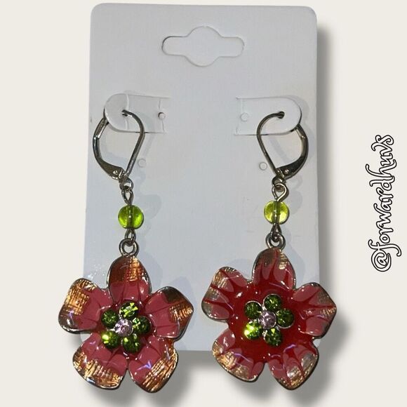 Bundle Sale 3 for $15 | Vibrant Flower Dangle Earrings with Green Beads - Picture 1 of 8